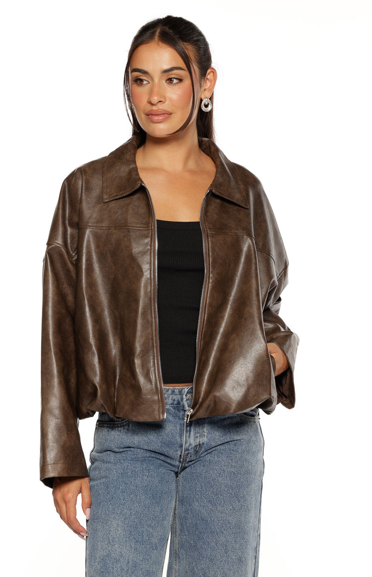 River Vintage Brown PU Bubble Hem Bomber Jacket Image