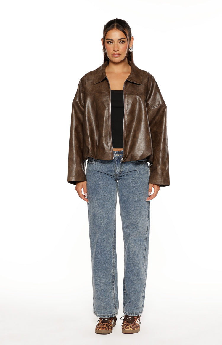 River Vintage Brown PU Bubble Hem Bomber Jacket Image