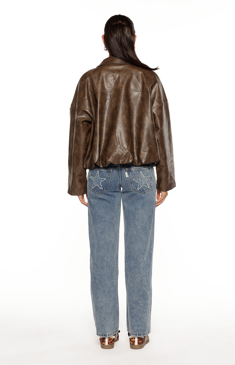 Back view of the brown PU bomber jacket with an oversized silhouette and gathered bubble hem