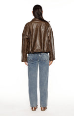 River Vintage Brown PU Bubble Hem Bomber Jacket Image