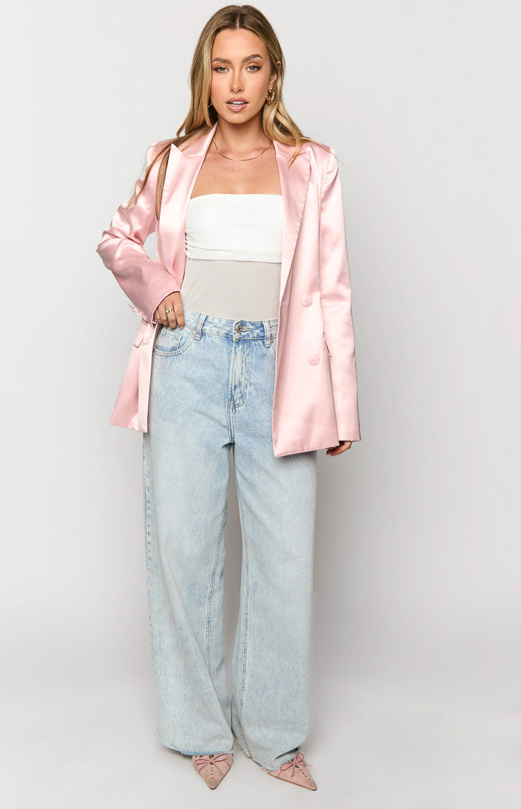 Rose pink satin blazer with a relaxed open fit, notched lapels, and double-breasted buttons