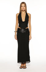 Saedee Black Mesh Sequin Band Maxi Skirt Image