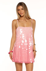 Pink ombre sequin mini dress with a square neckline and thin straps, showing the gradient from light to dark pink