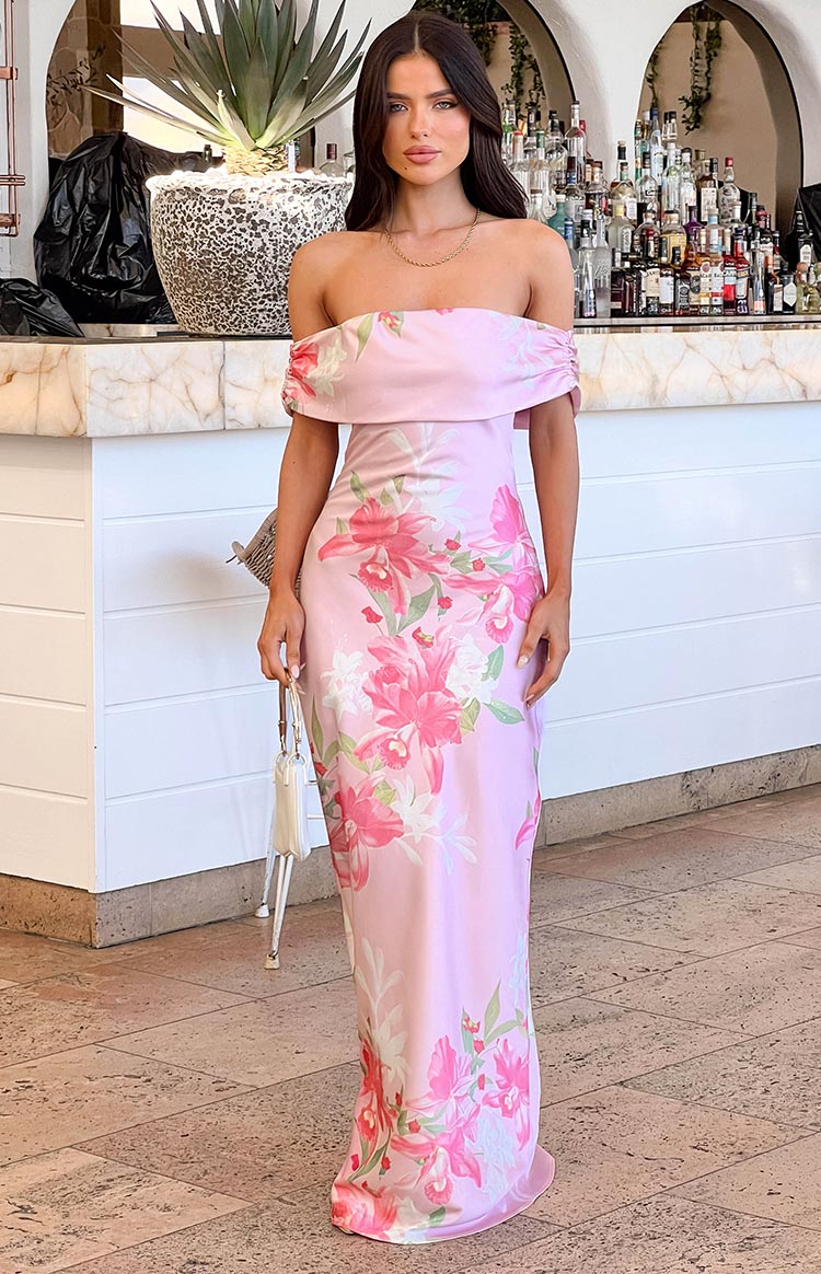 Beginning Boutique Seraphina Pink Floral Print Off The Shoulder Maxi Dress pink floral print off-the-shoulder maxi dress with draped neckline