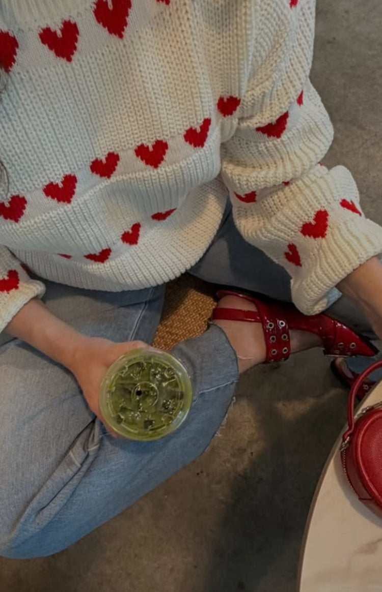Beginning Boutique Lovey Red Heart Stripe Jumper cream chunky knit jumper with red heart pattern and ribbed cuffs