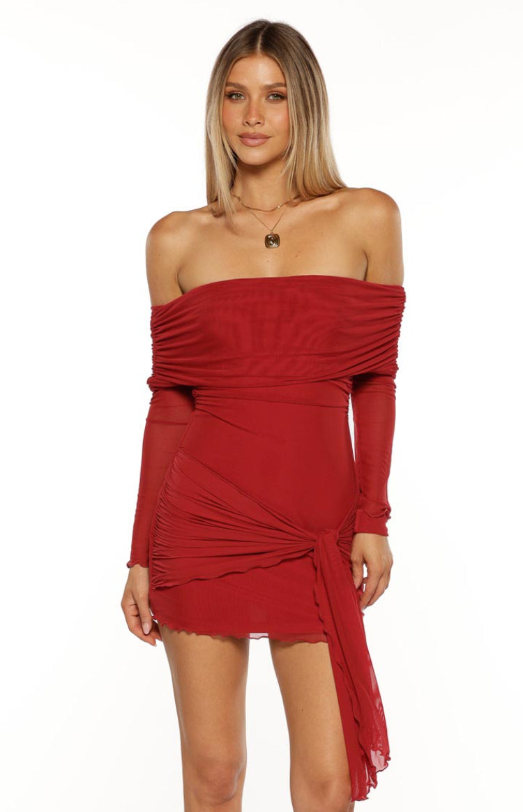 Beginning Boutique Paige Red Off The Shoulder Mini Dress red mesh off-shoulder long sleeve ruched tie-front mini dress