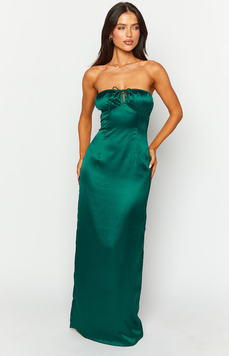 Emerald satin strapless maxi dress with a sweetheart neckline, tie-front bust, and fitted bodice