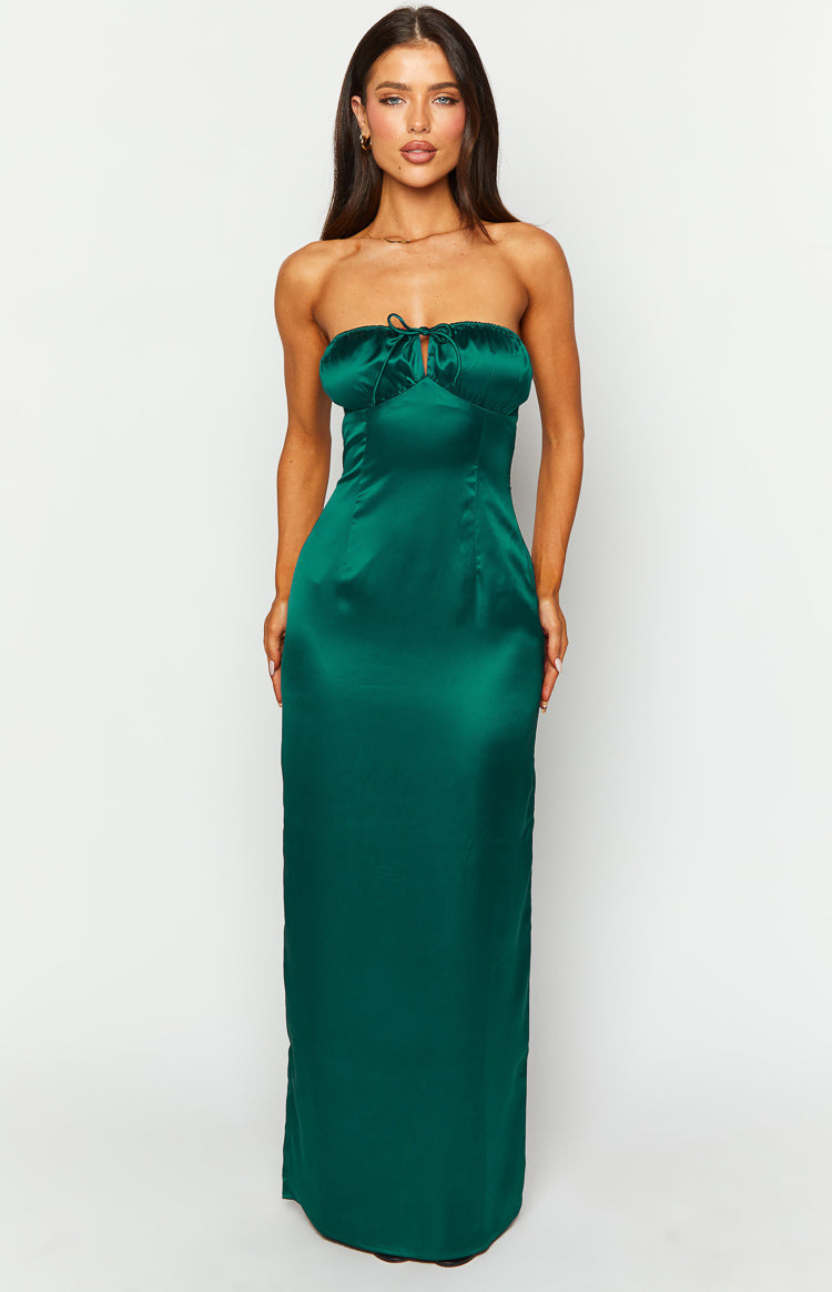 Beginning Boutique Soph Emerald Maxi Dress emerald satin strapless maxi dress with sweetheart neckline and tie-front bust