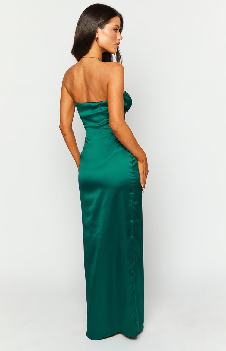 Rear side view of an emerald satin strapless maxi dress with a close-fitting silhouette