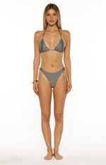Full front view of a grey sparkle triangle bikini top with eyelet details and thin halter straps