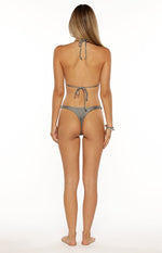 Rear view of a grey sparkle bikini top with tie-back closure and halter neck straps