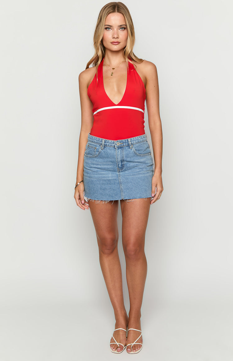 Red halter neck bodysuit with a deep V-neckline and a white horizontal stripe detail below the bust