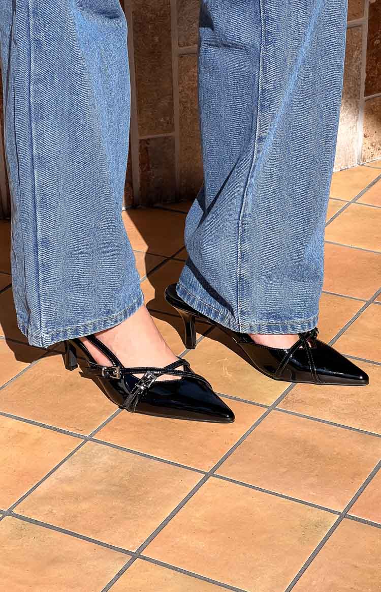 Beginning Boutique Therapy Juicy Black Patent Slingback Heels black patent pointed toe slingback heels with criss-cross buckled straps