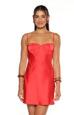 Front view of a red satin mini dress with a structured sweetheart bodice and delicate lace trim along the top edge