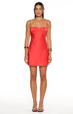 Red satin mini dress with a scalloped sweetheart neckline, gathered bust, and thin spaghetti straps