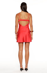 Rear view of a red satin mini dress with a low V-cut back and ruched elastic band across the upper back