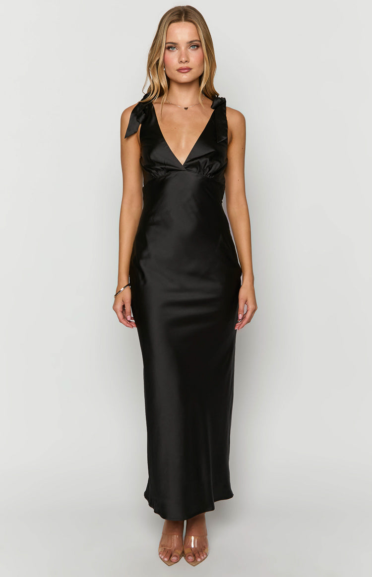 Black satin maxi dress with a deep V-neckline and shoulder straps tied into bows