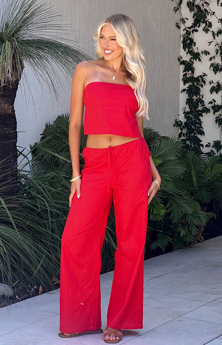 Beginning Boutique Vienna Red Pants red wide-leg pants with a drawstring waist in a textured fabric