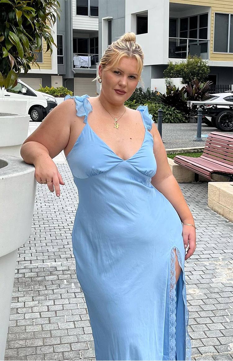 Light blue maxi dress with ruffled shoulder straps, a V-neckline, and a high side slit with lace trim