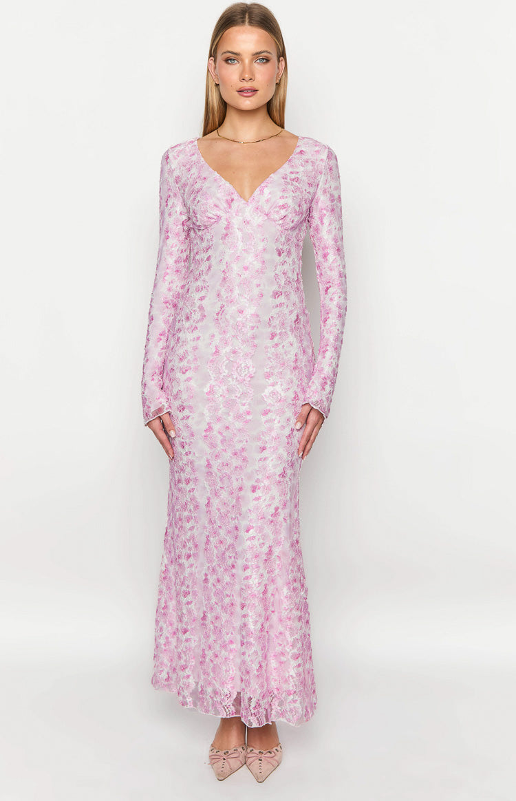 Front view of a pink floral lace long sleeve maxi dress with a V-neckline and fitted silhouette