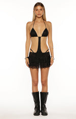 Black lace halter neck mini dress with triangle bikini top, midriff cutouts, and tiered ruffled skirt