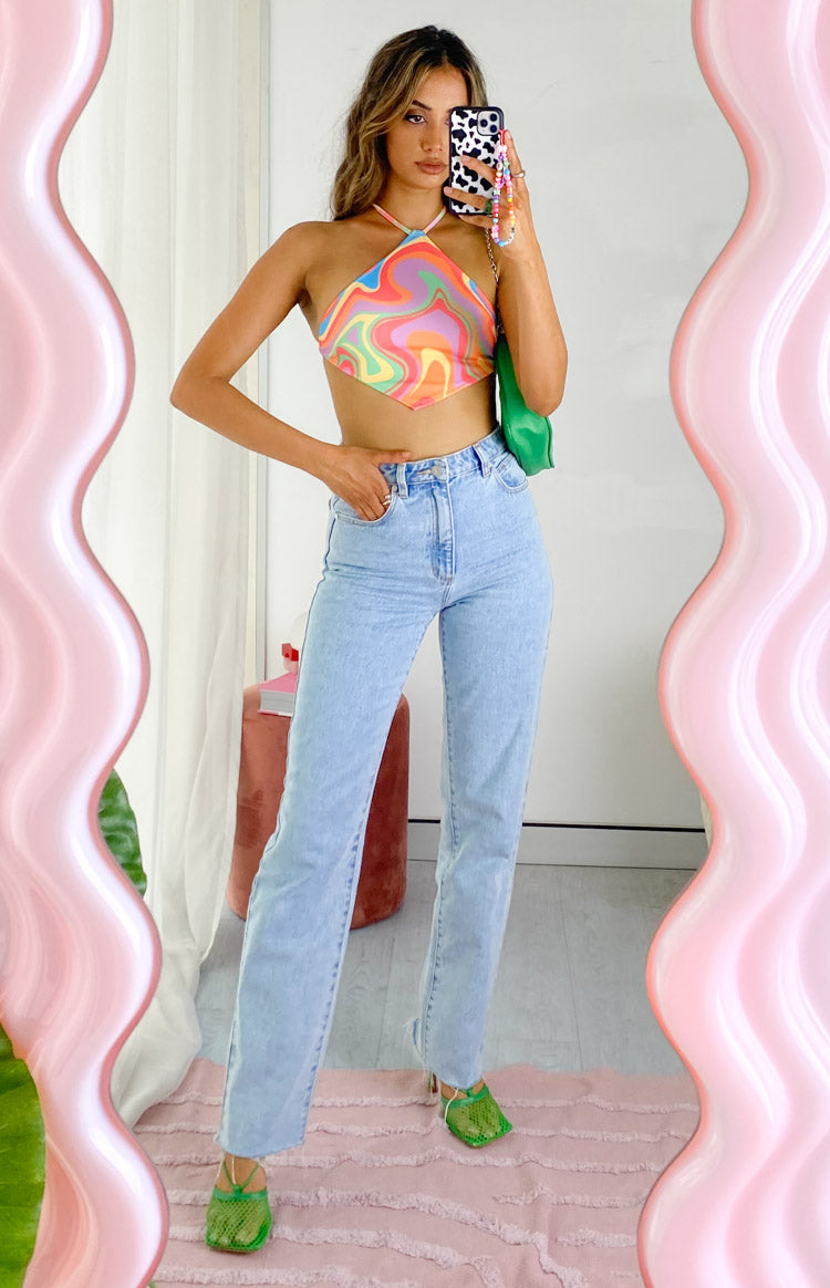 Multi-coloured swirl pattern halter neck crop top with a fitted triangular cut