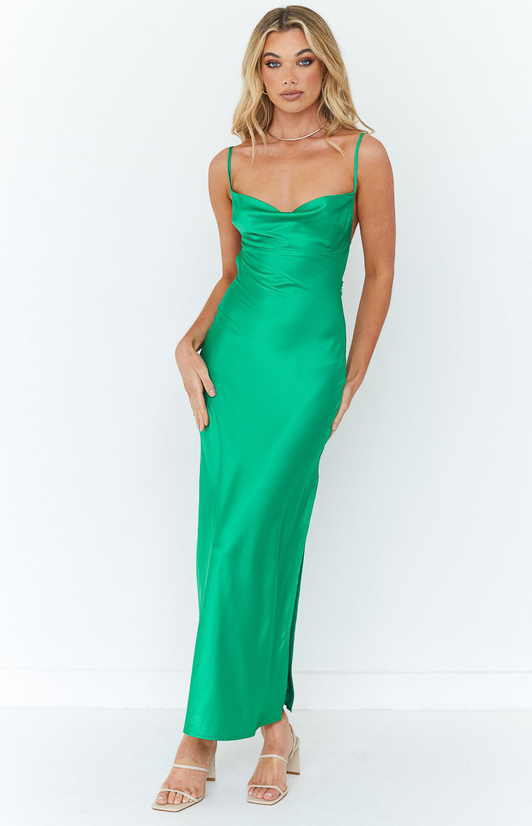 Adeera Green Tie Back Satin Slip Maxi Dress Beginning Boutique