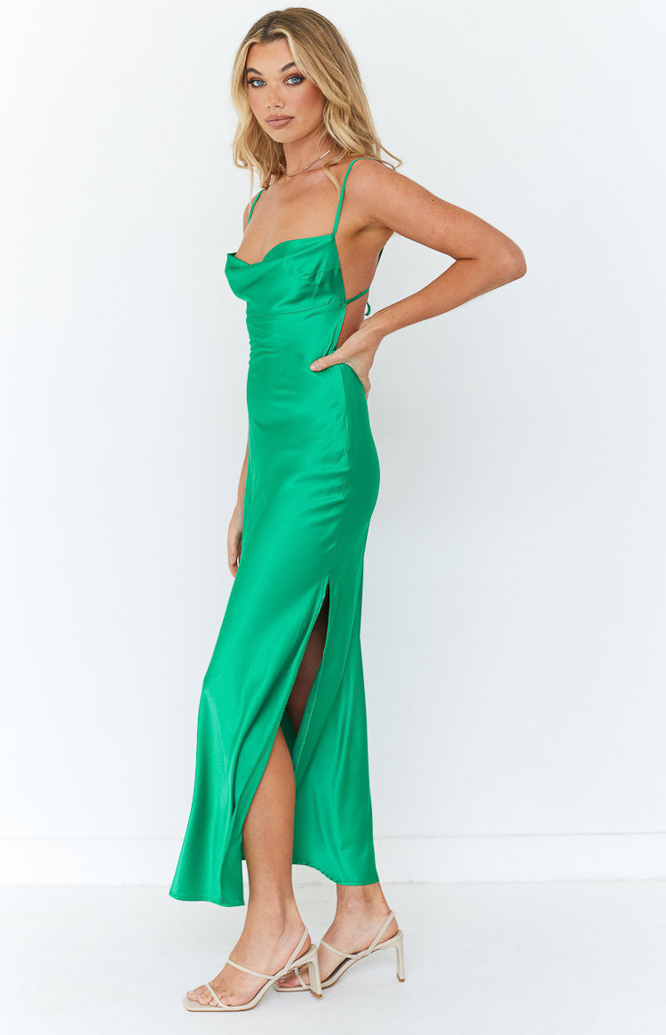 Adeera Green Tie Back Satin Slip Maxi Dress – Beginning Boutique
