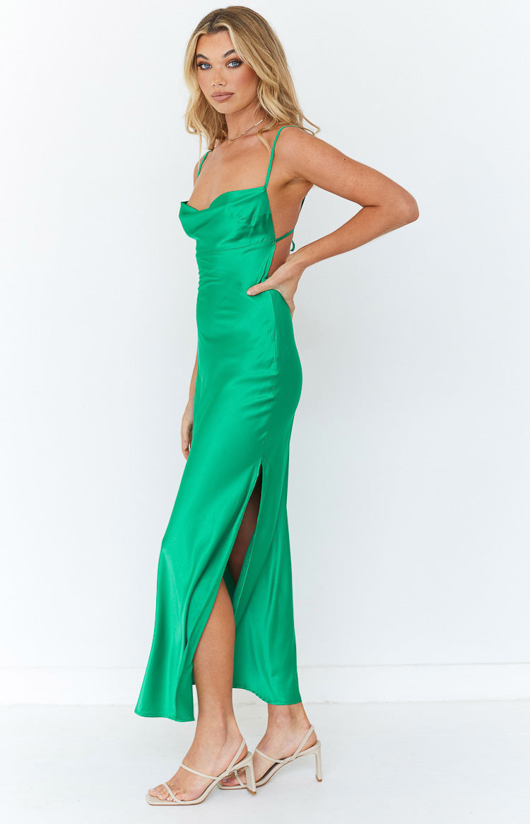 Adeera Green Tie Back Satin Slip Maxi Dress Beginning Boutique