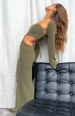 Alba Khaki Long Sleeve Knit Midi Dress Image