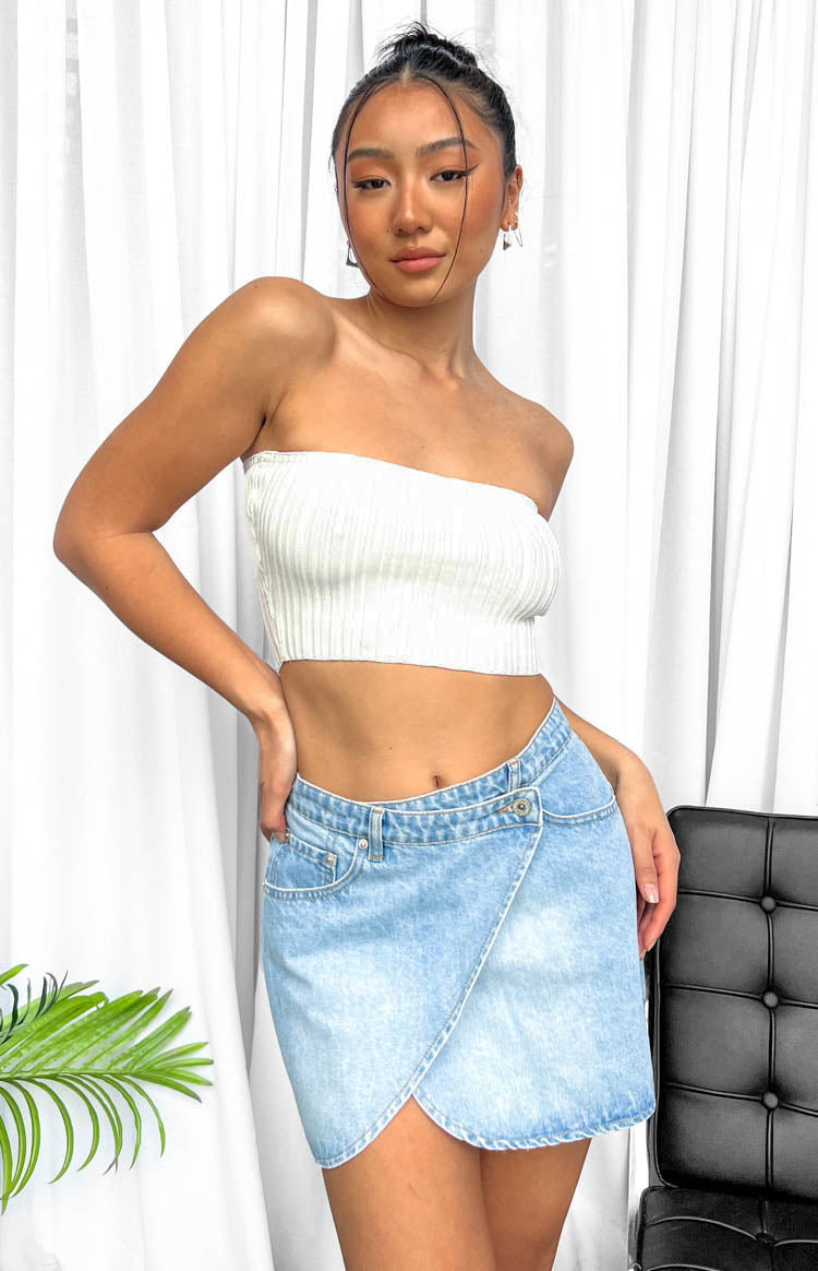 Alcmene Denim Asymmetrical Wrap Mini Skirt Beginning Boutique