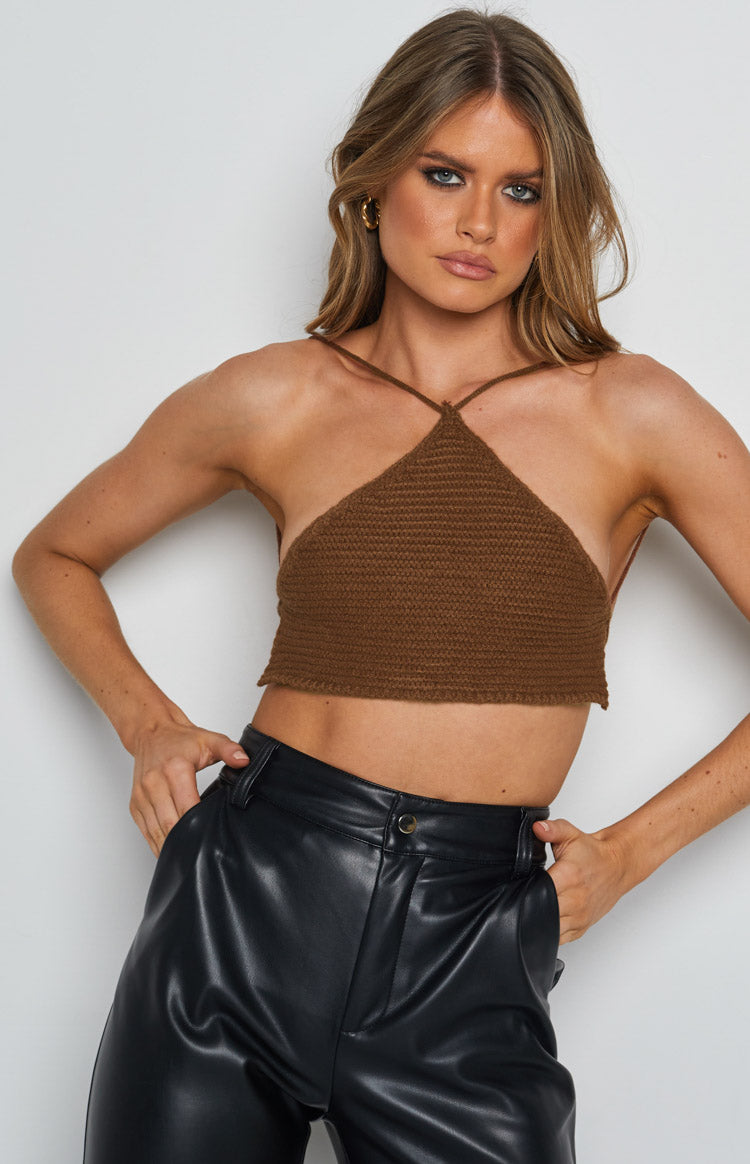 Beginning Boutique Aleya Crochet Top Brown brown crochet knit halter neck crop top with triangle cups and fringed hem
