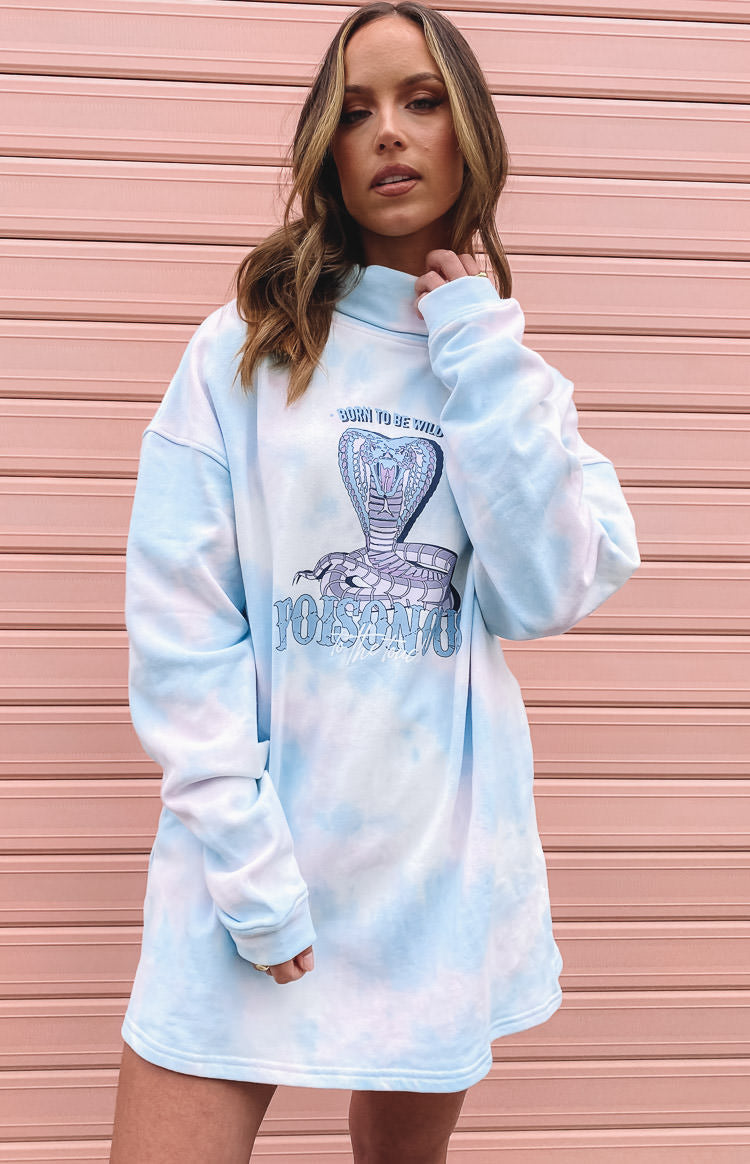 Light blue and white tie-dye oversized mini sweater dress with a high neck and cobra graphic