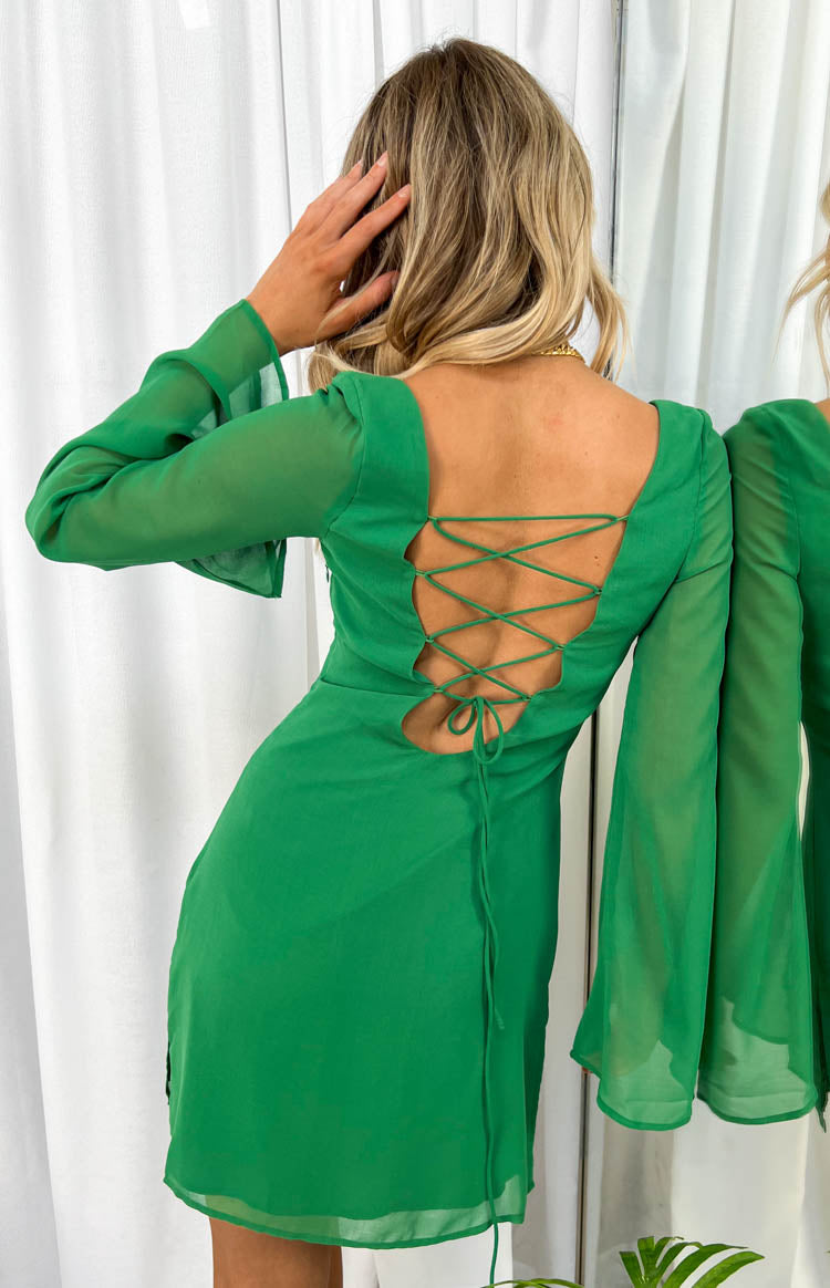 Amalfi Green Long Sleeve Lace Up Mini Dress Image