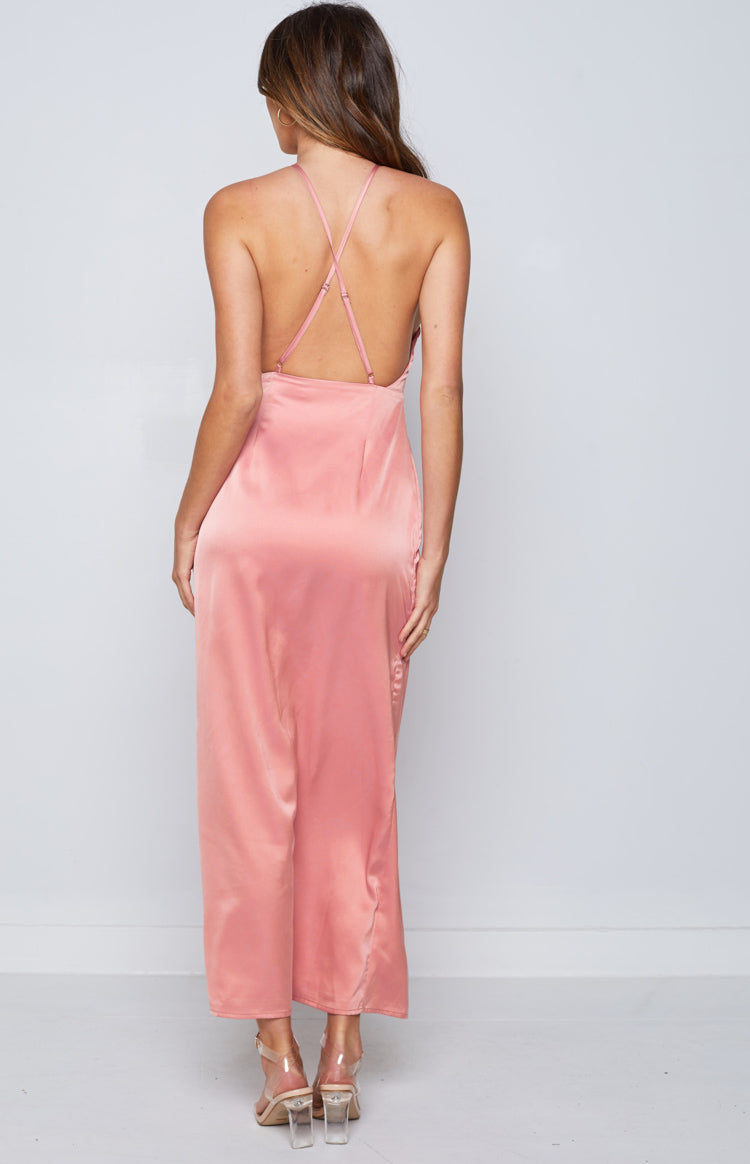 Rear view of a rose satin maxi dress with criss-cross adjustable spaghetti straps and a low scoop back