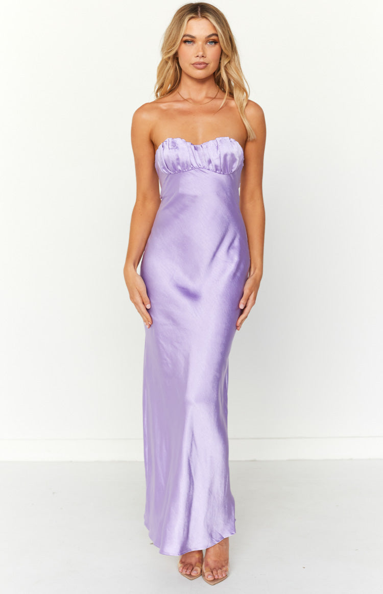 Full length front view of a purple satin bodycon maxi dress with a ruched strapless neckline