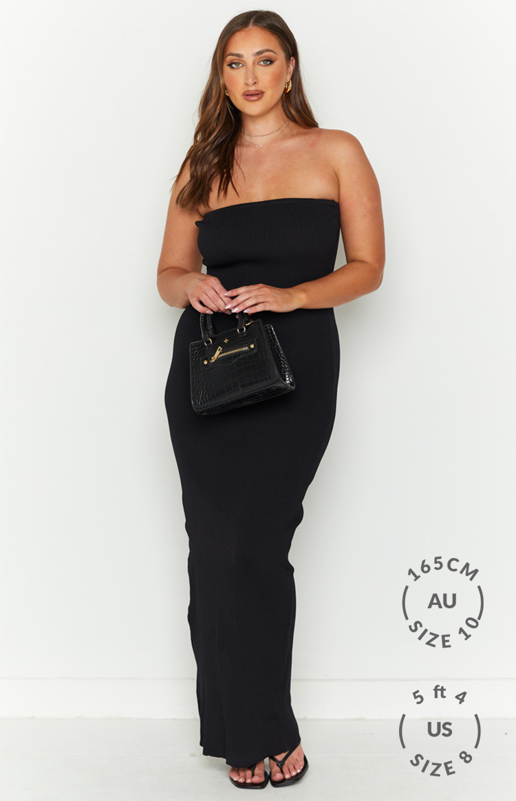 Black ribbed knit strapless maxi dress with a bodycon fit