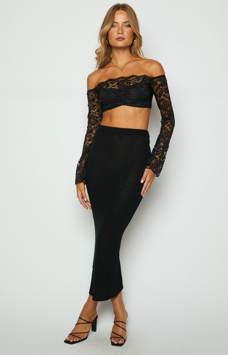 Black lace off-shoulder long sleeve crop top with ruched bust detail