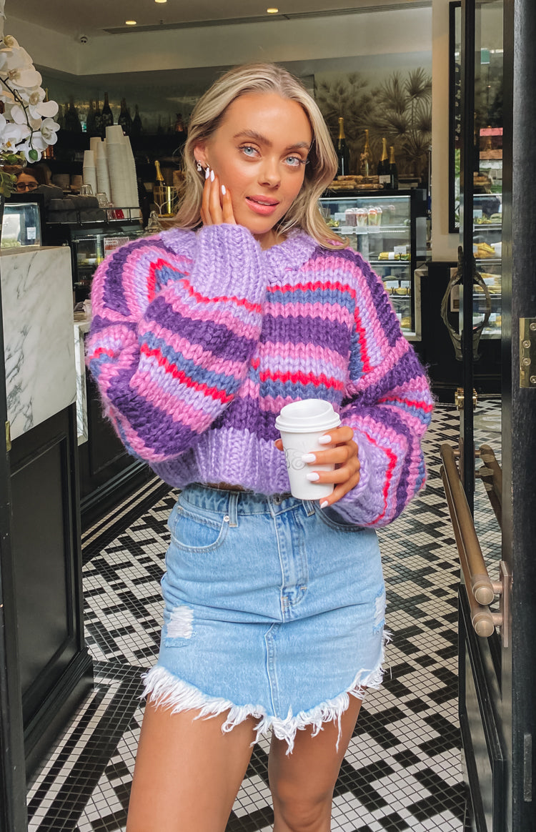 Belmont Stripe Sweater, a chunky knit with wide purple, pink, and blue stripes, crew neck, and long balloon sleeves