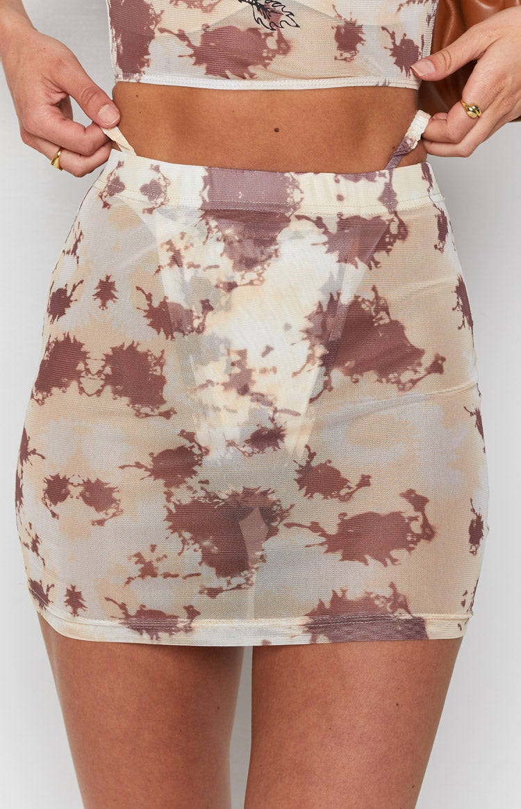 Chiba Mesh Skirt Tie Dye in brown and cream, sheer bodycon mini length