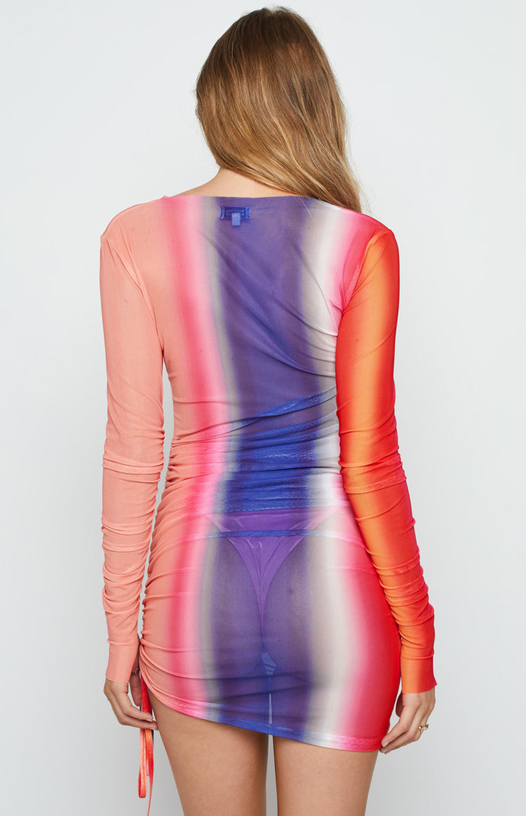 Multi-colour gradient sheer mesh mini dress with square back neckline, long ruched sleeves, adjustable side drawstring