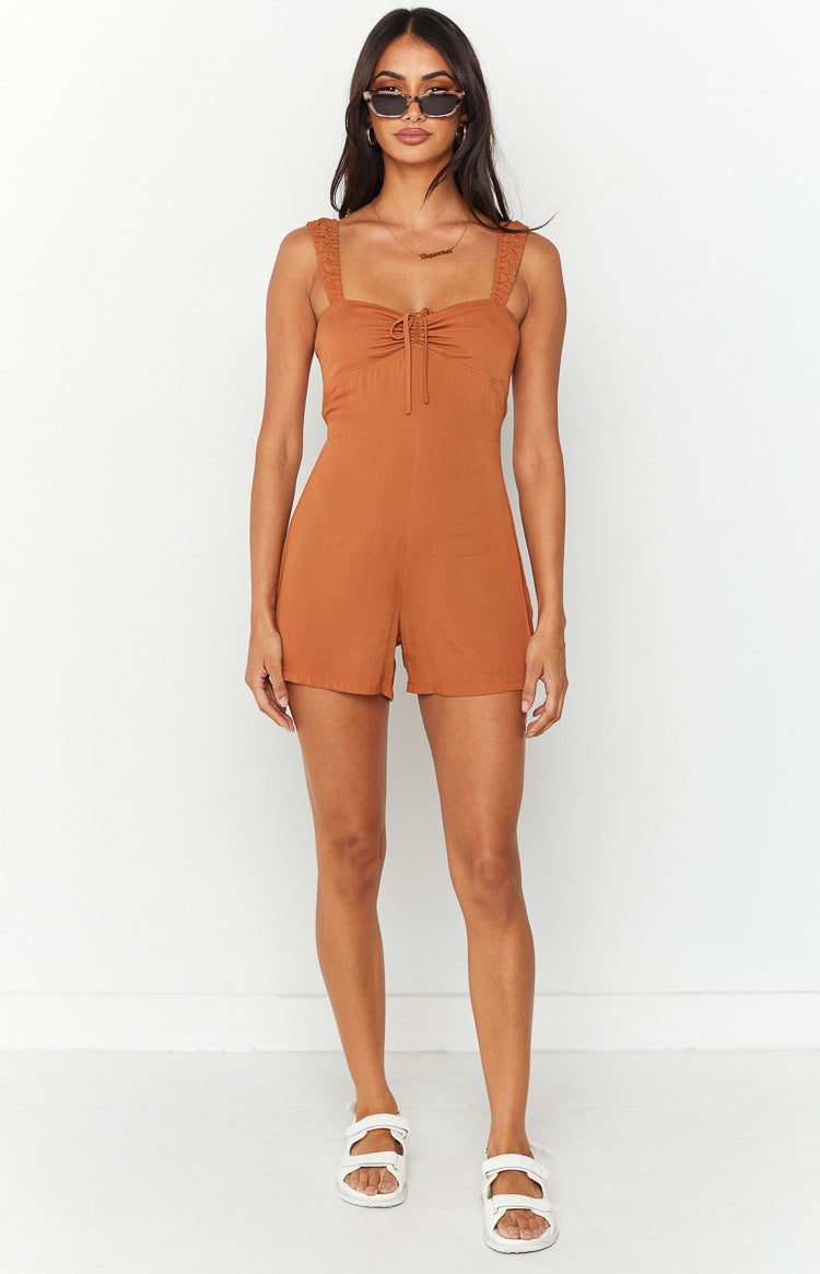 Beginning Boutique Calla Brown Utility Playsuit rust brown square neck playsuit with ruched tie-front bust and shirred straps