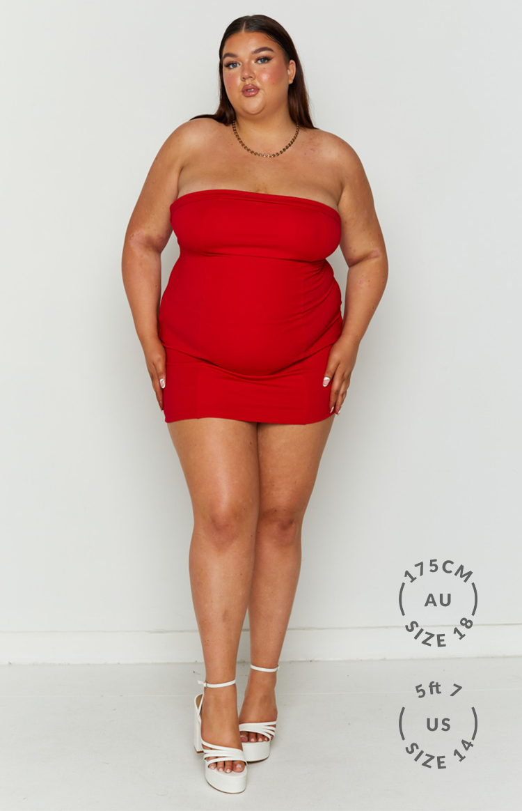 Red strapless fitted mini dress with a straight neckline and subtle side ruching