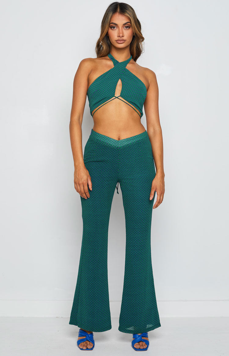 Beginning Boutique Clifford Teal Pants Teal patterned textured knit pants with a V-shaped waist and flared leg