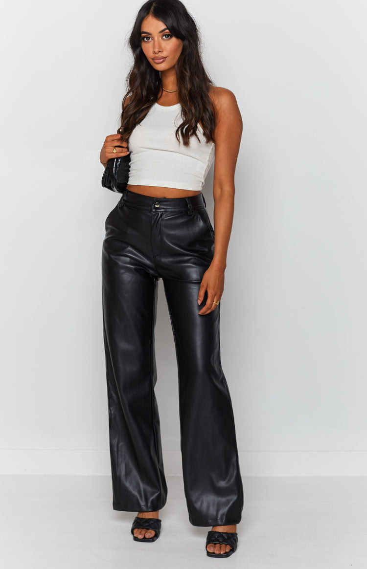 Shiny black PU wide-leg pants with a high waist and side pockets