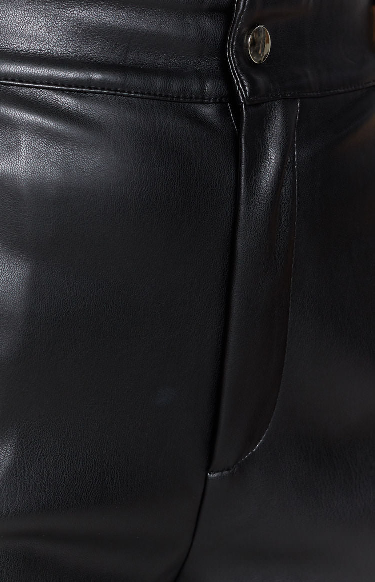 Black PU pants featuring a silver button closure and visible fly stitching