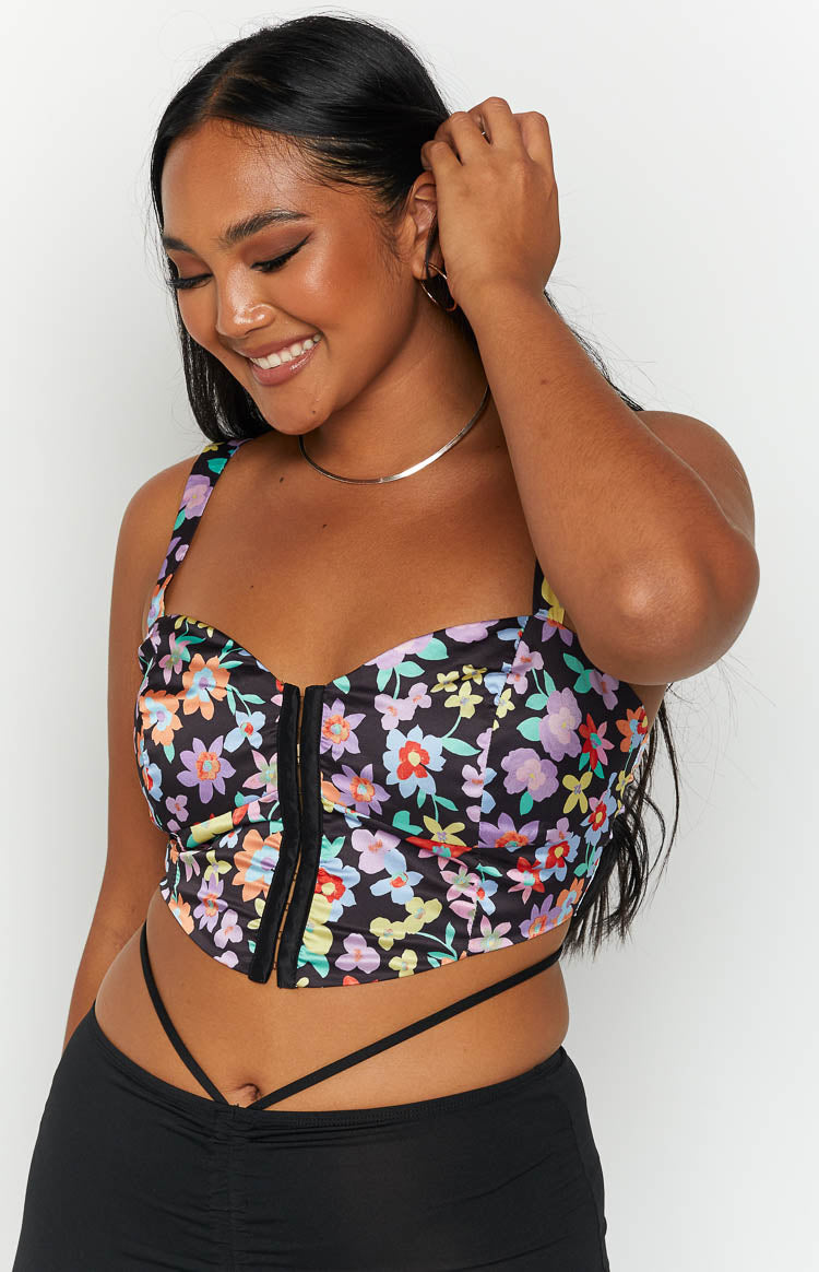 Beginning Boutique Davina Floral Corset Top black multi-floral print satin corset top with sweetheart neckline and front zip