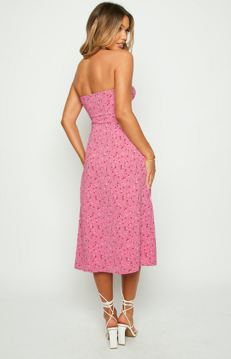 Dion Pink Floral Strapless Midi Dress Image