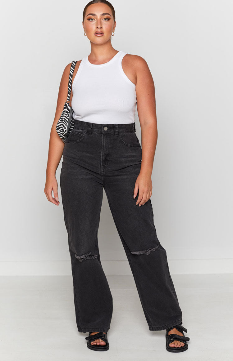Black wash Robin Wide Leg Jeans with distressed ripped knees and a high waist