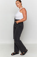 Black wash Robin Wide Leg Jeans with distressed ripped knees and a high waist
